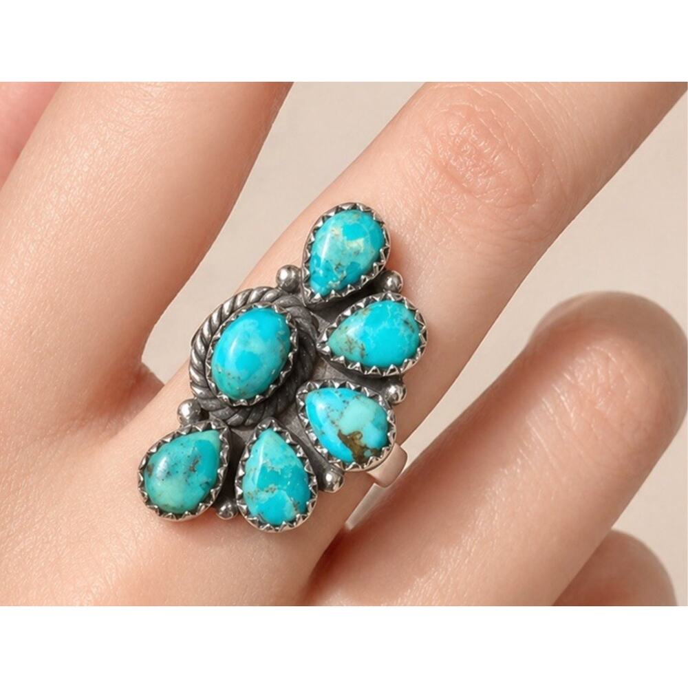 Turquoise Cluster Ring Sterling Silver 925 Zuni Style Statement Adjustable Long